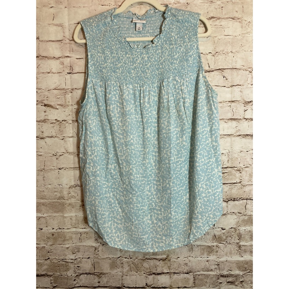 Ava & Viv Blue and White Smocked Neck Sleeveless Top